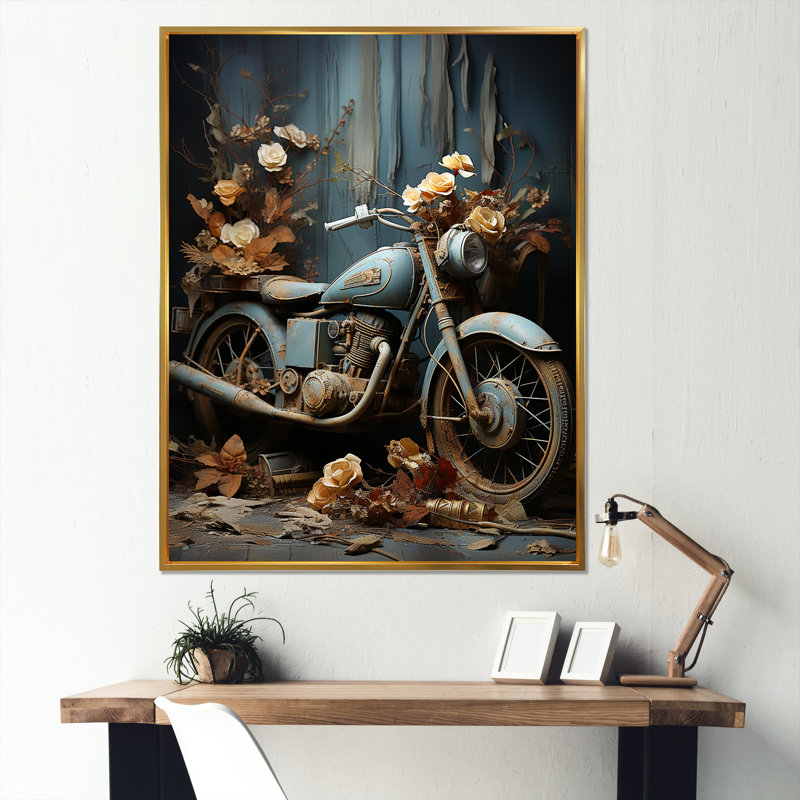 Motocyclette rustique avec fleur d'aventure I, Cadre flottant doré, H 32 po x l 16 po x P 1 po