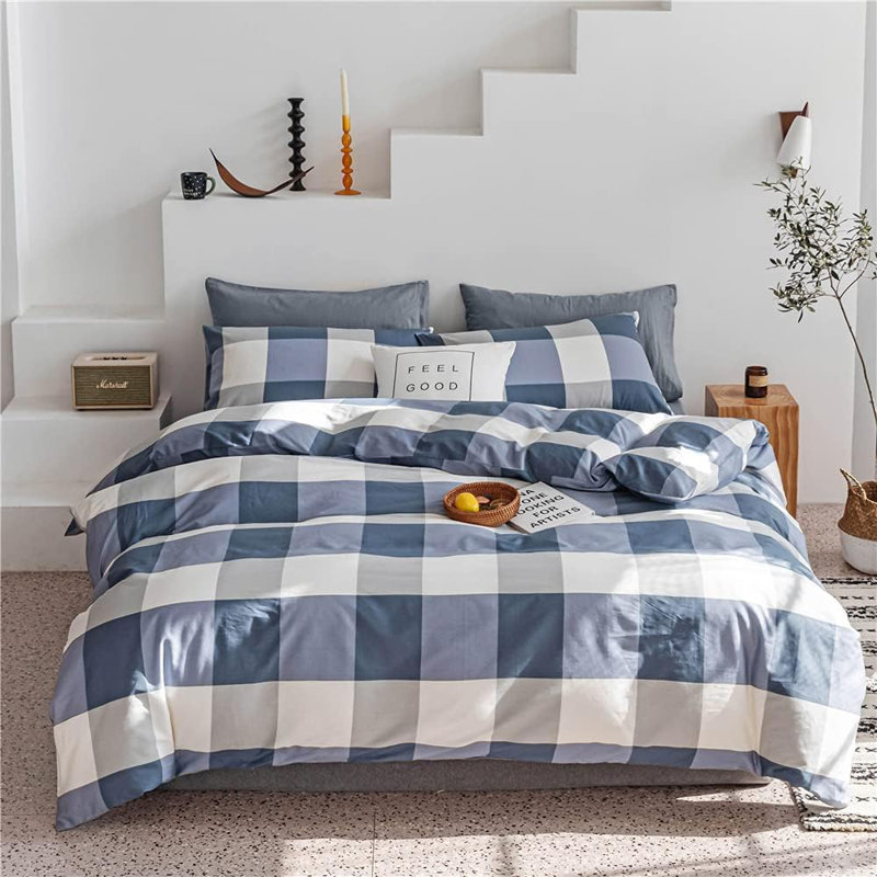 Modern Design 100% Cotton Duvet Cover Set, Blue Plaid, Twin XL Duvet Cover + 2 Twin XL Pillowcases