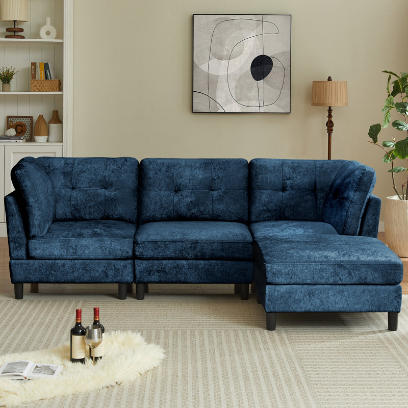 99.41" Chenille High Armrest L Shaped Sofa with Ottoman, Blue Chenille