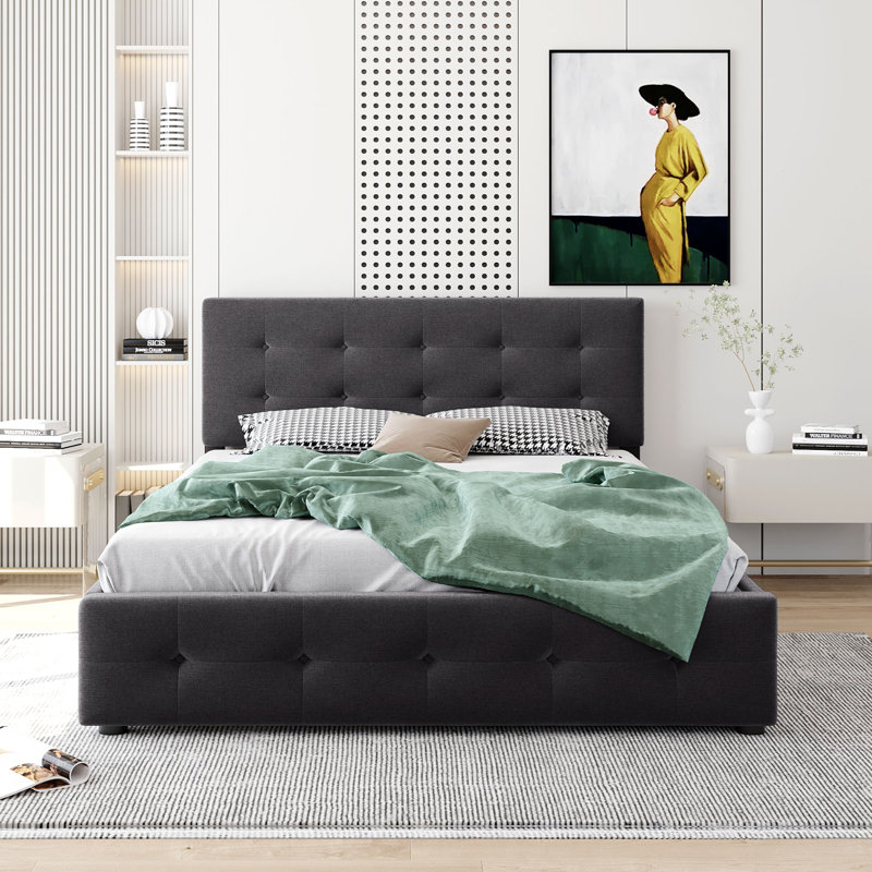 Grand lit plateforme avec rangement capitonné, Gris foncé
