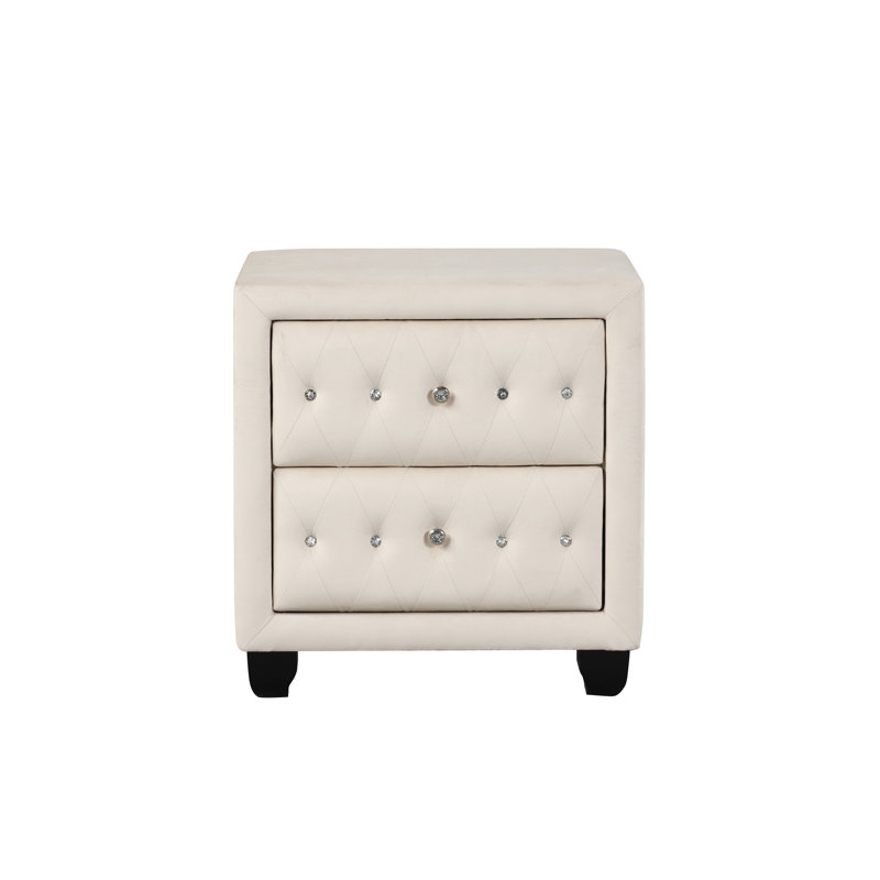 Modern Style Crystal Tufted 2-Drawer Nightstand Upholstered With Velvet Fabric Made With Wood In Cream