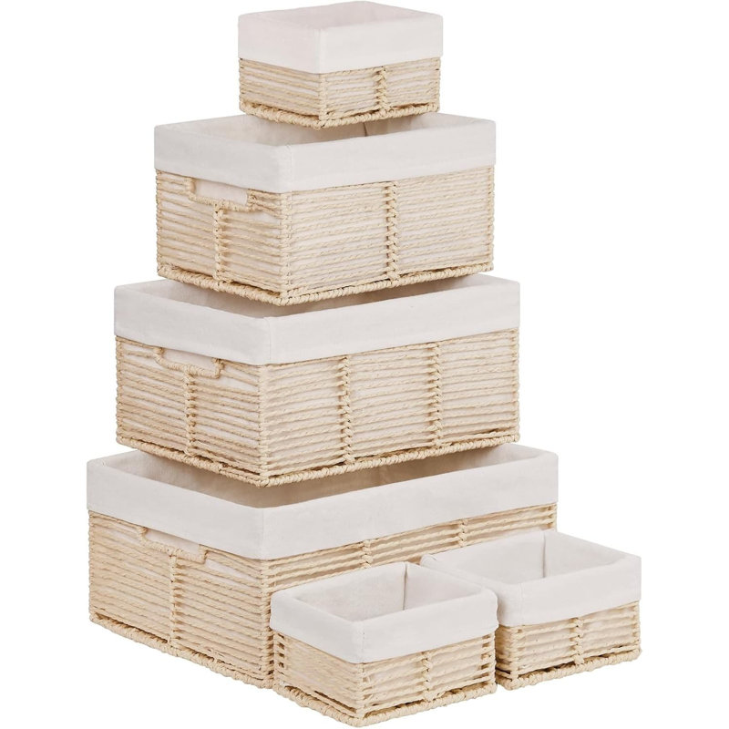 Woven Storage Baskets 6-Pack With Handles, Rectangular Organizer Bins For Closet, Shelf, Dresser, And Home Organization, Sturdy Paper Rope Construction