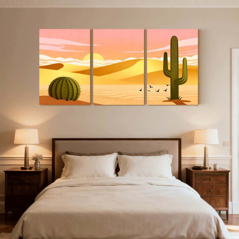 Cactus du désert, coucher de soleil, paysage de cactus, ensemble de 3 reproductions d'art sur toile, H 30 po x l 60 po