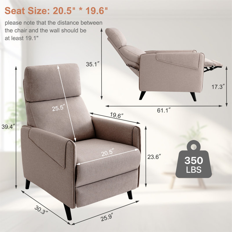 26" Wide Adjustable Single Recliner Upholstered Recliner Sofa Soft Touch Fabric Chair With Thick Cusion And Backrest, Manual Pushback Chair For All Ages