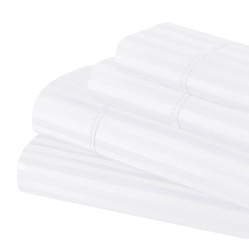 Ensemble de draps rayés en mélange de coton égyptien certifié 400 fils Kinvara, Lit simple, Blanc