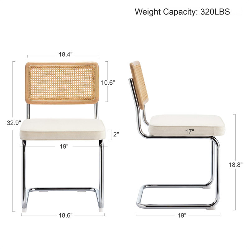 Cream White Linen Upholstered Side Chair with Chrome Legs and Cane Back