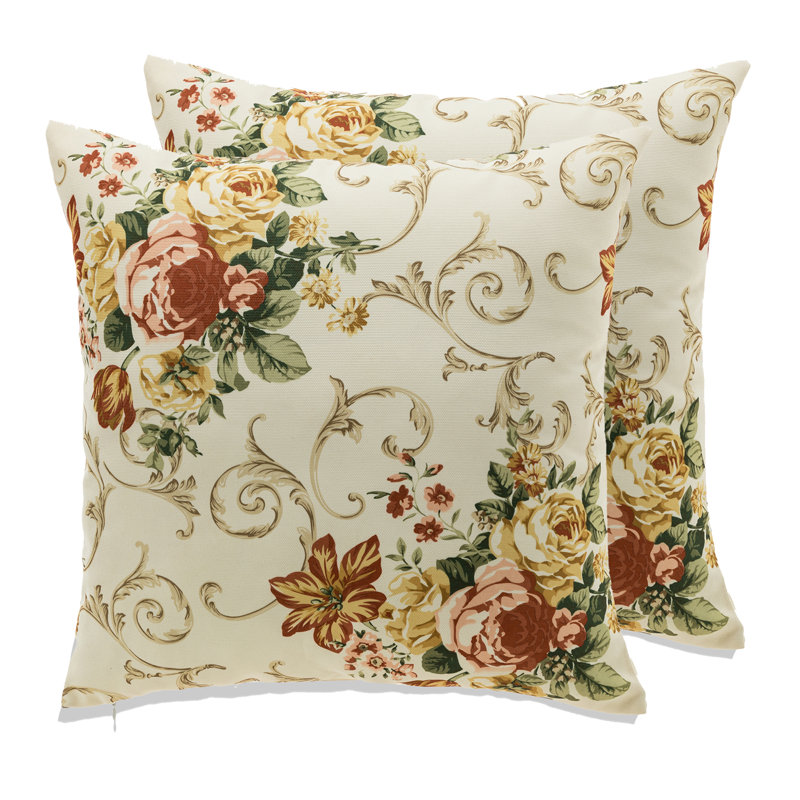 Ensemble de 2 coussins Florence, Ivoire floral, H 22 po x l 22 po, Housse de coussin seulement - sans coussin