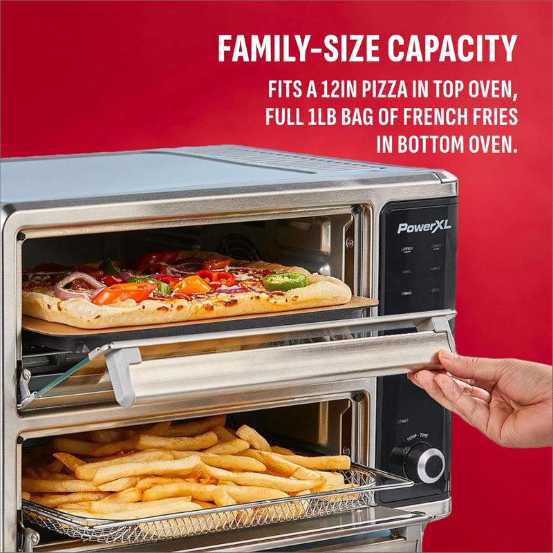 PowerXL SmartSynx Dual Door Oven, 8 Quick-Touch Cooking Presets including Air Fry, Toast, Bake & Broil, Large Capacity, Cooks 2 Foods Simultaneously.