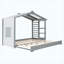 Lit simple pour enfant en forme de maison avec lit gigogne et tablettes de rangement latérales, gris