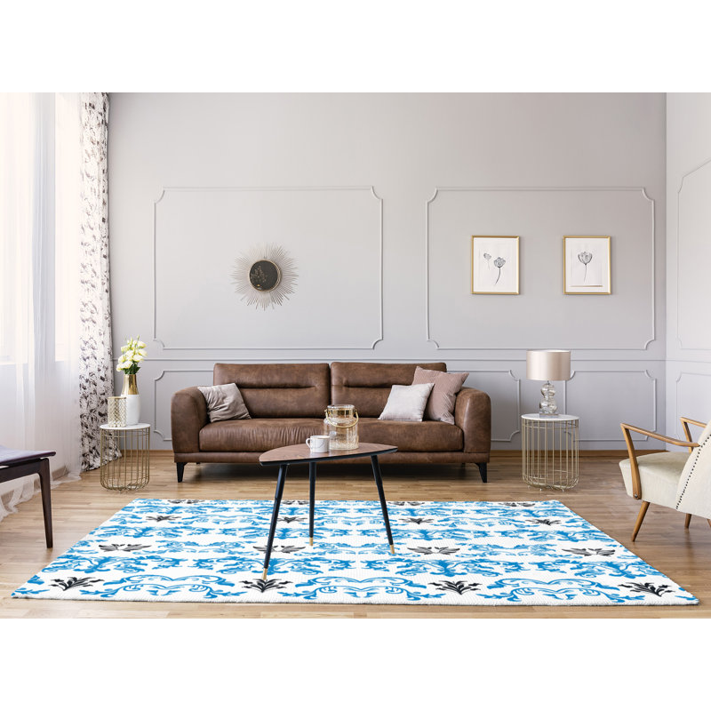 Tapis damassé blanc / bleu, Rectangle 9 pi x 12 pi