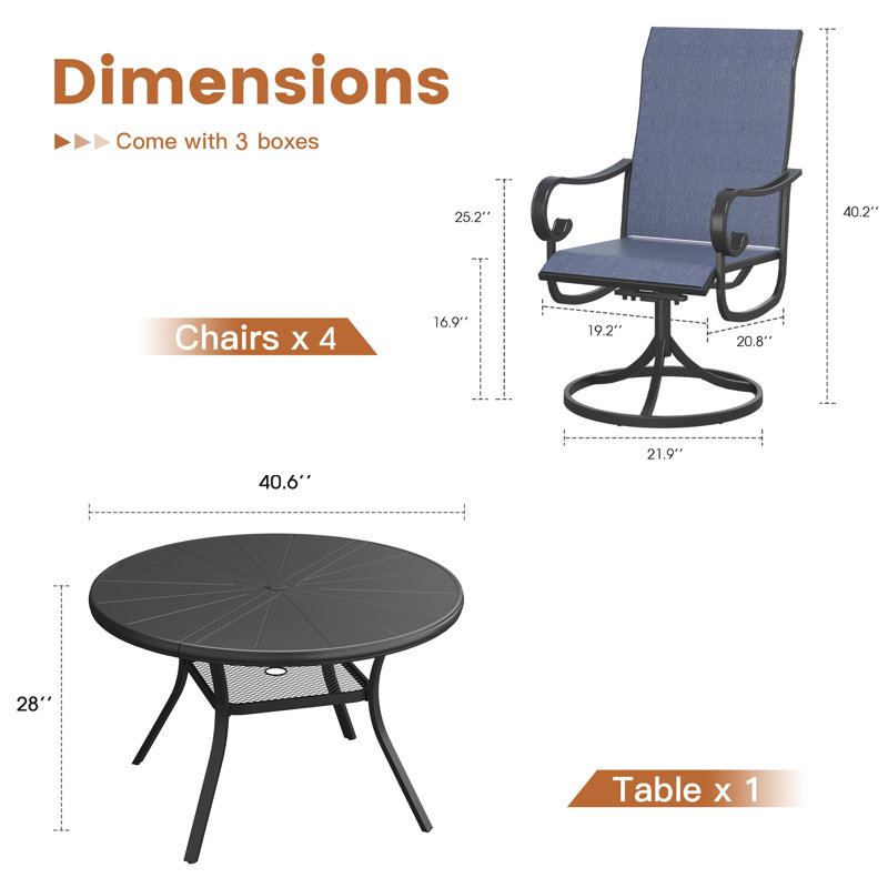 Ensemble de salle à manger en aluminium pour patio avec table ronde en aluminium et 4 chaises de salle à manger pivotantes en textilène