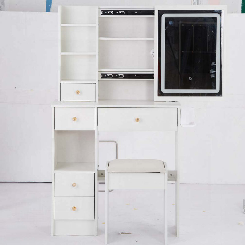 Petit meuble-lavabo de 29,2 po avec tiroir à gauche + tabouret rembourré, 2 blocs d'alimentation CA + 2 ports USB, support pour séchoir à cheveux, très grand miroir à DEL coulissant à contrôle tactile, changement de luminosité tricolore, réglage de la luminosité