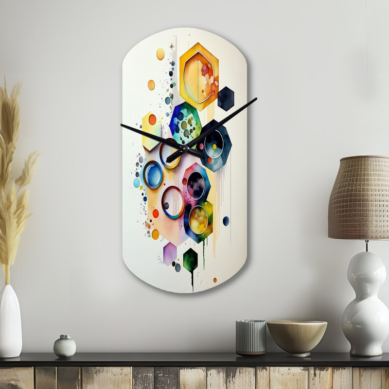 Hexagone et circulaire abstrait II - horloge murale cylindrique en métal, horloge murale asymétrique bleue, Grand