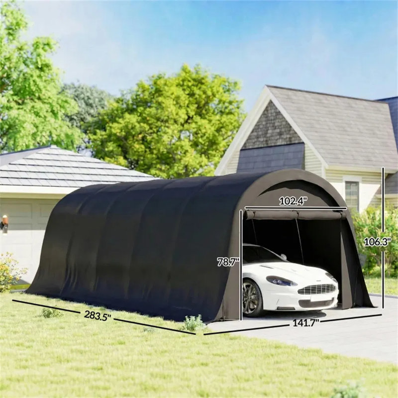 Abri de voiture portable, garage/abri de voiture entièrement fermé avec structure en acier galvanisé, gris foncé
