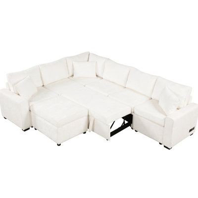 Canapé modulaire crème de 112,2 po avec conversion de lit, rangement, ports de recharge et coussins supplémentaires pour le salon, option mobile et 3 zones de soutien