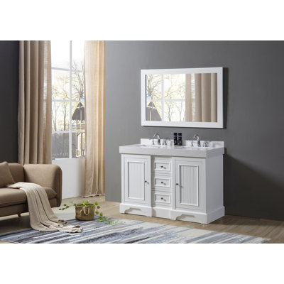 Caja 48 " W Freestanding Standard Free Standing 2 Double Vanity Bathroom Vanity With Cultured Marble Top with Mirror