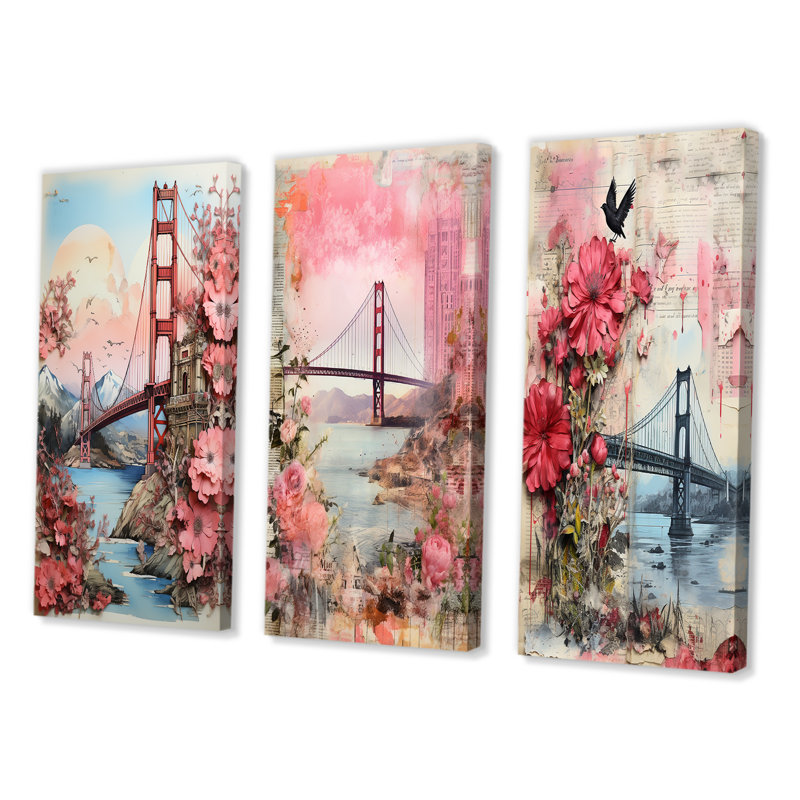 «Golden Gate San Francisco Retro Pink Collage II», 3 pièces, Toile tendue, H 28 po x l 36 po