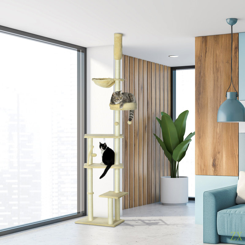 Arbre à chat du sol au plafond Pawhut, hauteur réglable de 90,5 po à 98,5 po, tour d'escalade pour chat avec plateformes tapissées, lit douillet, hamac, poteaux à griffes, boules à jouets, centre d'activités pour chatons