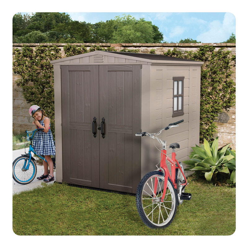 Keter Factor 6x6 ft. Durable Resin Outdoor Storage Shed With Floor and Double Doors for Garden Patio Furniture and Tools, Brown