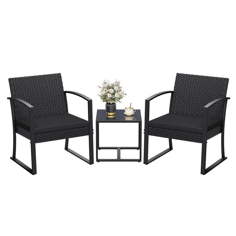 Ensemble de conversation d'extérieur pour 2 personnes avec table et coussins, Noir
