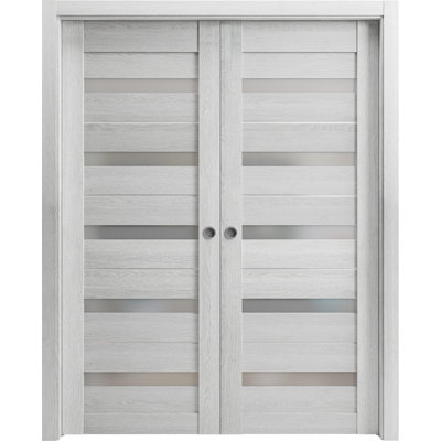 Portes coulissantes françaises doubles à galandage avec verre dépoli Quadro 4445, ensemble de garnitures en chêne gris pâle, quincaillerie de rail, bois massif, intérieur de chambre, portes robustes 60" x 96" (2 x 30 x 96)