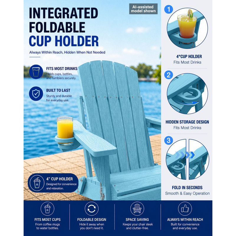 All Weather HDPE Folding Outdoor Adirondack Chair With Cup Holders Durable Oversized Fire Pit Chair Easy Assembly Easy Maintenance Patio Lawn Chair With 380Lbs Load Bearing For Porch, Garden, Backyard, Patio, Deck, Fire Pit, Blue（set of 4）
