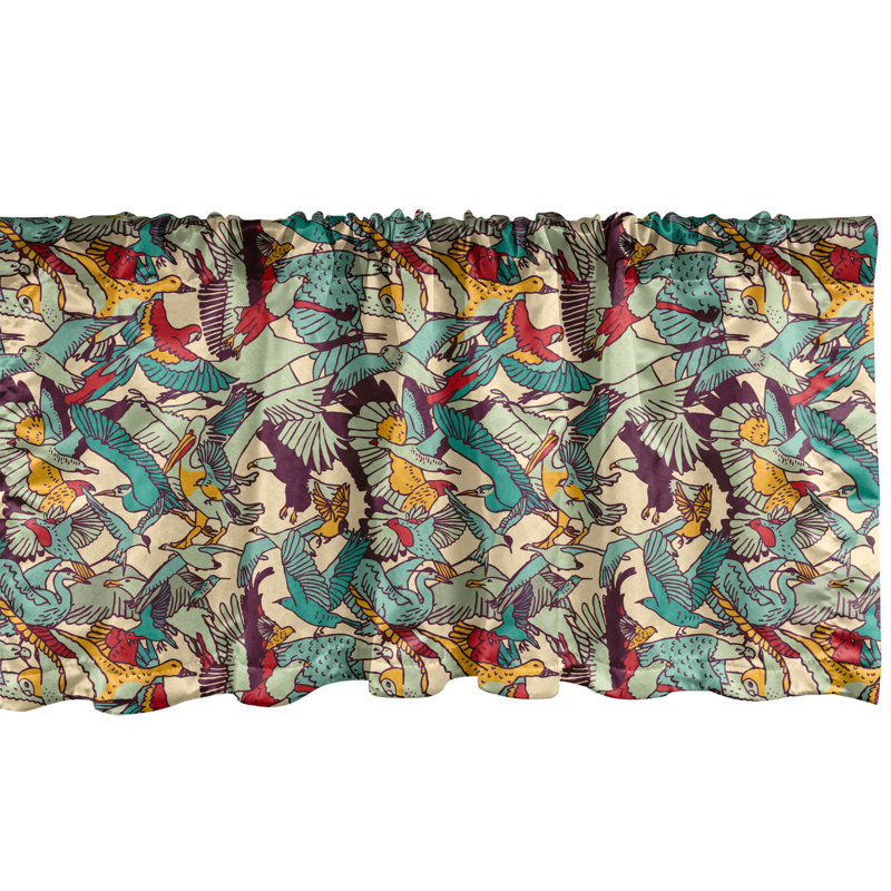 Champagne Multicolor Satin Bird Pattern Rod Pocket Valance Set