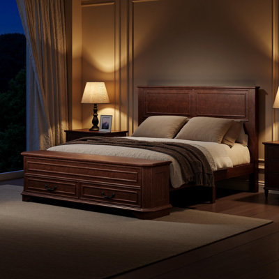 Structure de lit grand de style ferme avec tête de lit et banc de rangement avec 2 grands tiroirs pour la chambre à coucher
