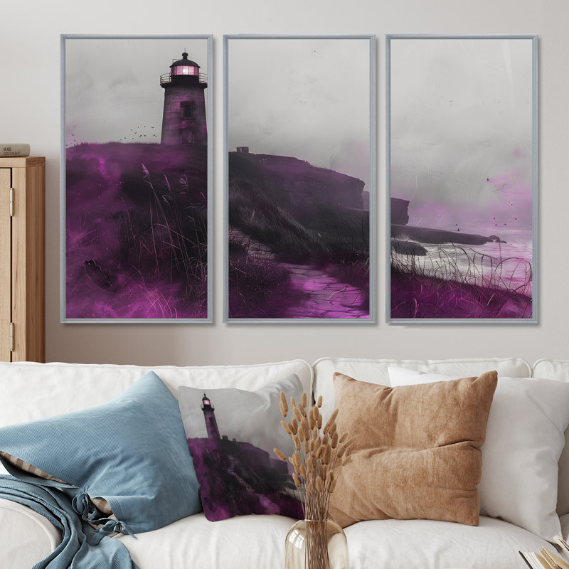 Mauve et gris phare brumeux Rock I - ensemble d'art mural phares, Toile argentée avec cadre flottant
