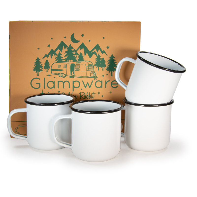 Golden Rabbit Enamelware Glampware 12 Oz. Coffee Mugs, Set of 4, Black Rim