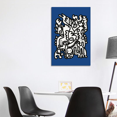 Blue Navy Graffiti Creatures Are Happy by Emmanuel Signorino - Wrapped Canvas Print