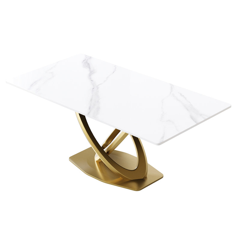 Table de salle à manger en pierre artificielle, 69,46 po rectangulaire, blanc, double pieds en acier inoxydable, peut accueillir 6 à 8 personnes, feu, stable et construction