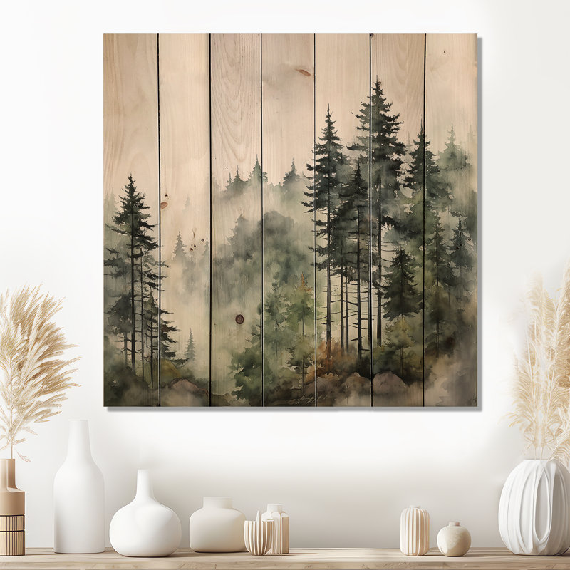 «Jakoby Pine Tree Misty Morning I», reproduction sur bois naturel, H 15 po x l 15 po x P 0,78 po