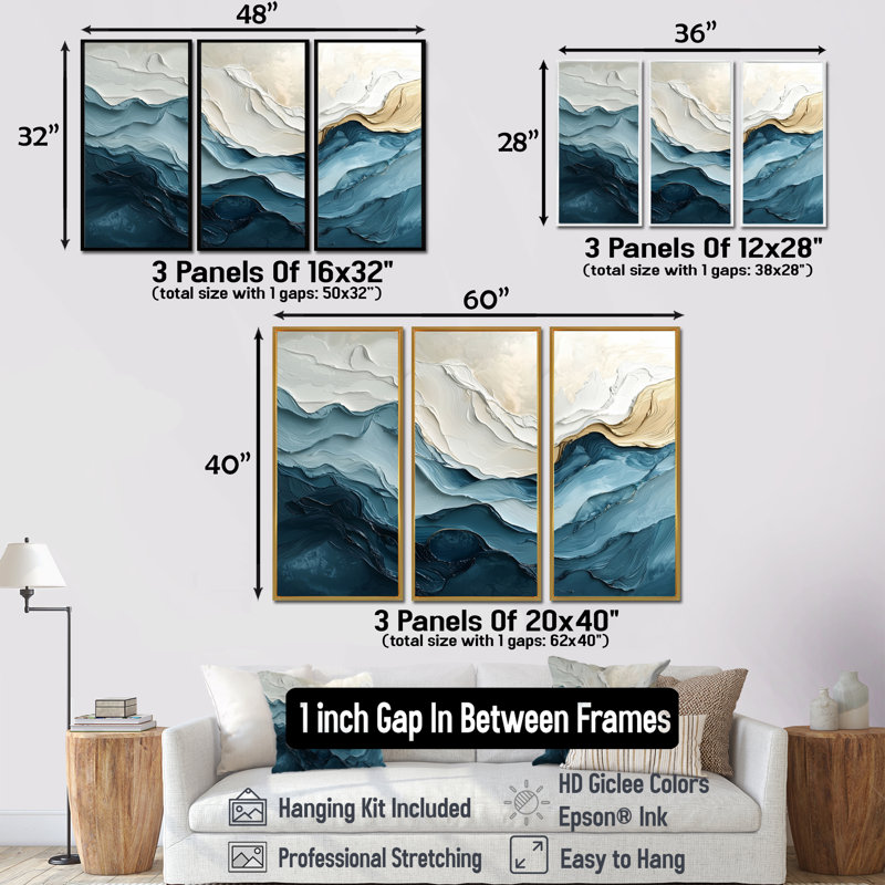 Ensemble 2 pièces d'art mural «White and Blue Marble Wave II», H 28 po x l 36 po x P 1 po, Toile avec cadre flottant brun