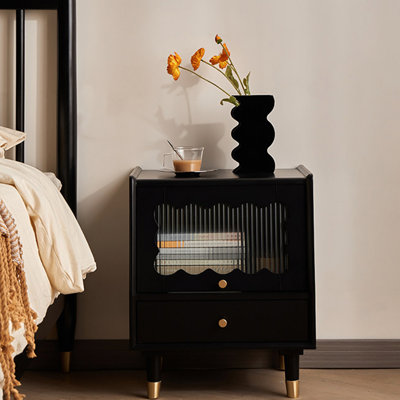 21.65" H x 15.75" W Modern Light Luxury Minimalist Black Solid Wood Nightstand with Glass Cabinet Door and Drawer