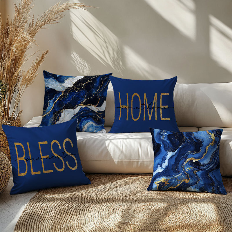4 housses de coussin décoratives en marbre bleu