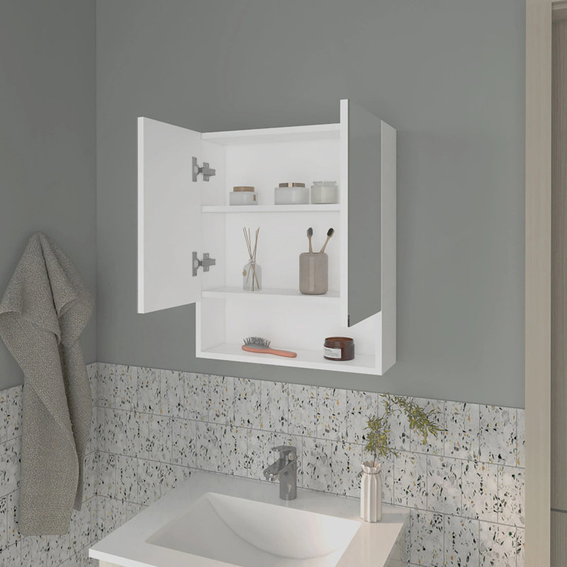 Armoire à pharmacie blanche avec portes en miroir et rangement ouvert