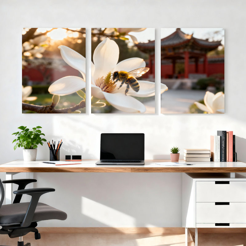 Ensemble de 3 tableaux sur toile tendue représentant une abeille sur une fleur de magnolia blanche avec un pavillon chinois traditionnel