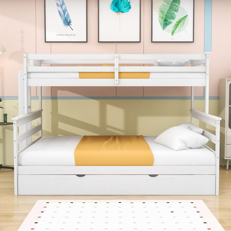 Twin XL over Queen Wood Bunk Bed with Twin Trundle and Ladder, White