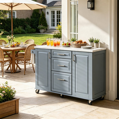 50.7'' Grey Rolling Kitchen Island With Drop‑Leaf Countertop, Tilt‑Out Trash Can Cabinet, Pull‑Out Organizer, 2 Drawers And 1 Cabinet Door