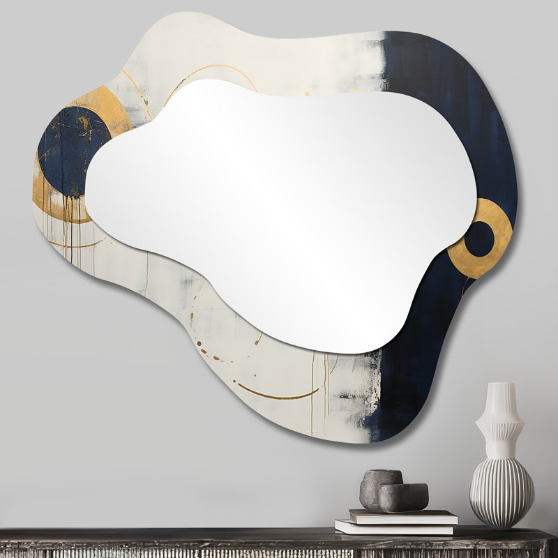 Circular Golden Sun And Moon - Minimalism Asymmetrical Wall Mirror, Gold Cloud Decorative Mirror, Printed Metal Art