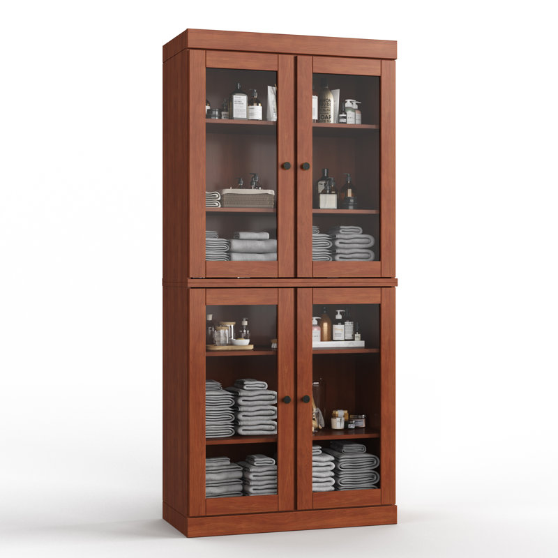 Armoire de salle de bain autoportante 100% bois massif 32 "avec portes en verre transparent et tablettes réglables - Rangement de salle de bain moderne