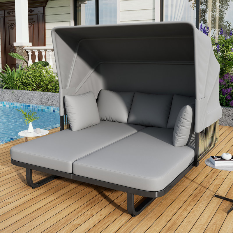 Lit de jour d'extérieur en rotin de patio avec coussins amovibles, Gris