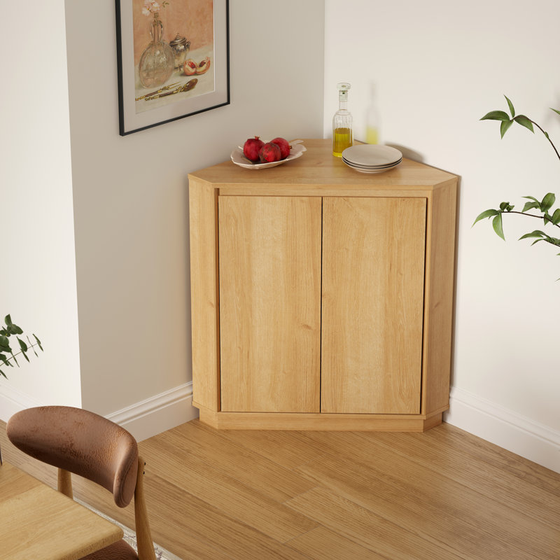 Modern Handless Corner Floor Cabinet With 2 Doors & Adjustable Shelves, Oak