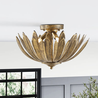 15" 3-Light Antique Gold Leaf Semi-Flush Mount Ceiling Light
