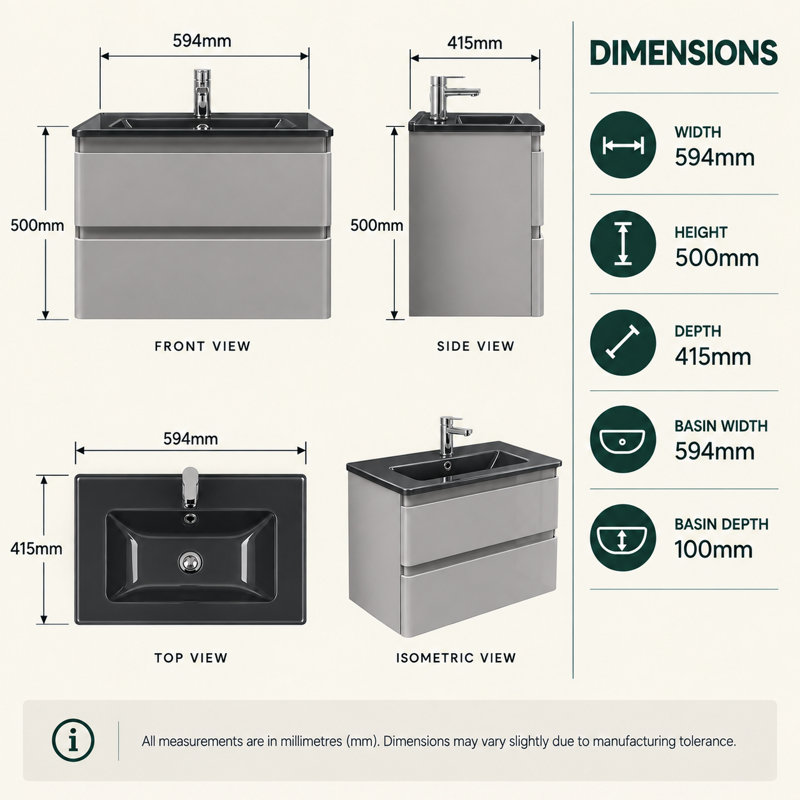 Fenix 594mm Single Bathroom Vanity with Integrated Glass Basin, Black