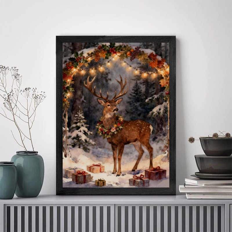 Art encadré noir rétro avec une couronne sur un joli cerf de Noël, impressions sur toile de style rétro, H 25 po x l 17 po