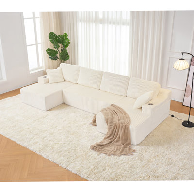 U-Shaped Modular Sectional Sofa, Wide Corduroy Cloud Couch With Pocket Spring & High-Density Foam, 4-Piece Convertible DIY Set With Metal Cup Holders, Storage Pockets & Anti-Slip Backrest-Beige