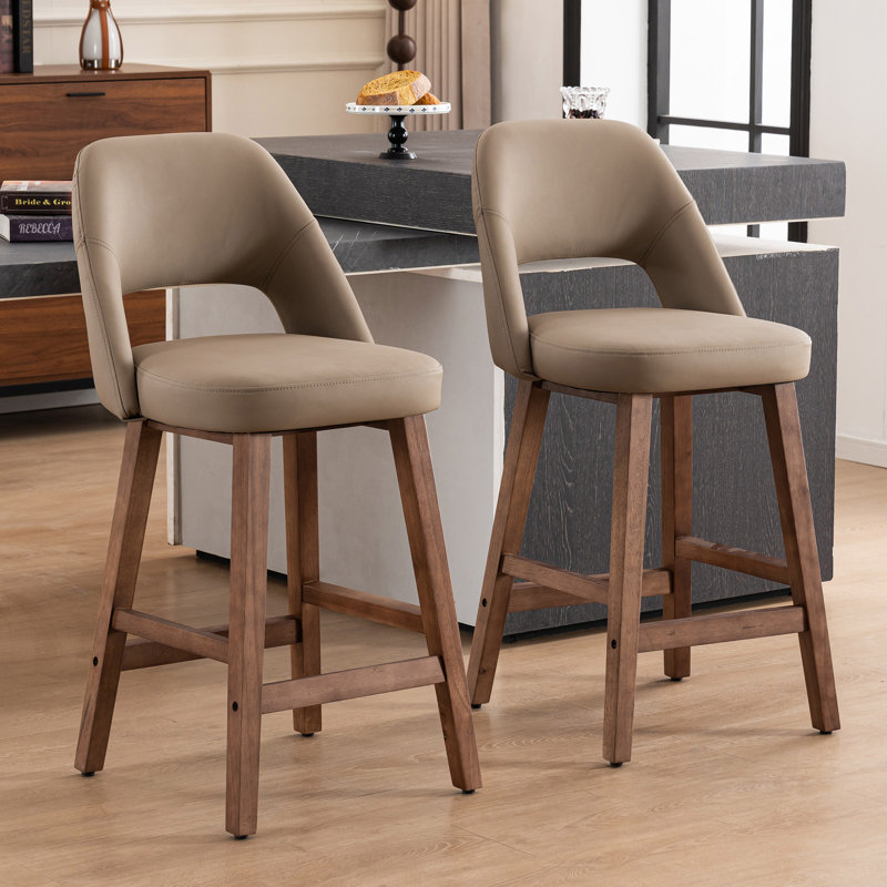 Upholstered Padded Counter Stools Armless Barstools With Wooden Legs For Kitchen Island Bar Counter, Khaki Faux Leather