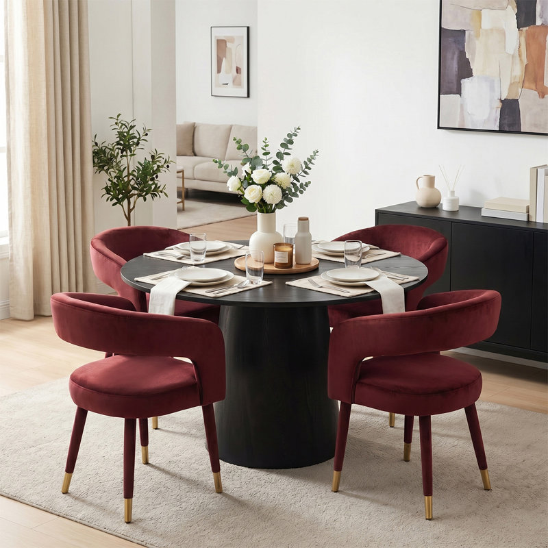 Modern 46" Round Dining Set with 4 Chenille Upholstered Barrel Arm Chairs, Burgundy, Black